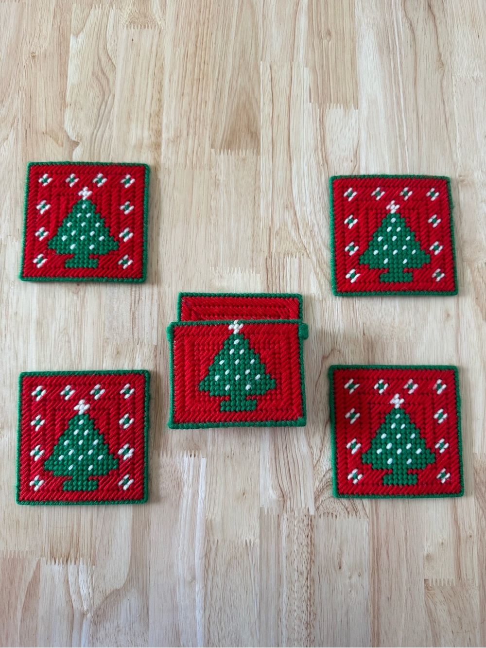 Vintage Handmade Red & Green Christmas Tree Coasters with Holder